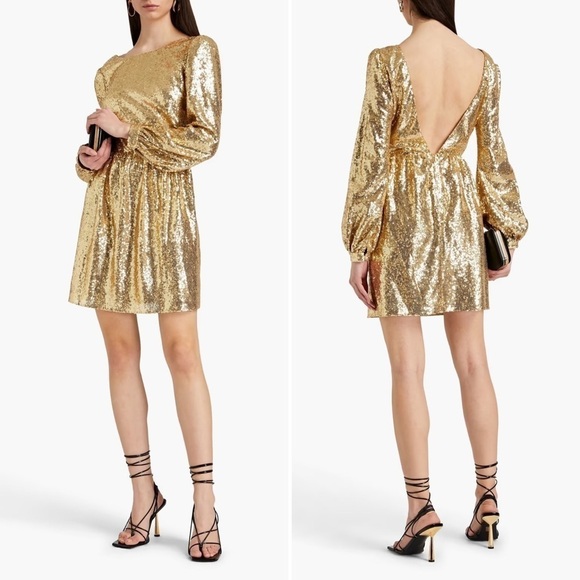 NWT Saloni Camille Gold Sequin Long Sleeve Open Back Tulle Mini Dress, UK 6 US 2 - Picture 1 of 10